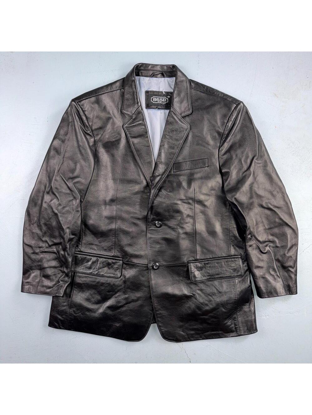BGSD Mens Black Leather 2 Button Front Collared Jacket Size XL S Lambskin
